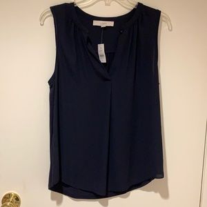 Loft navy blue top. Split neck with button.